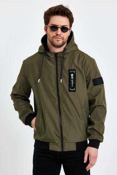 Rompasso Men's Khaki Print Detail Embroidered Water Repellent Seasonal Spring Jacket Coat