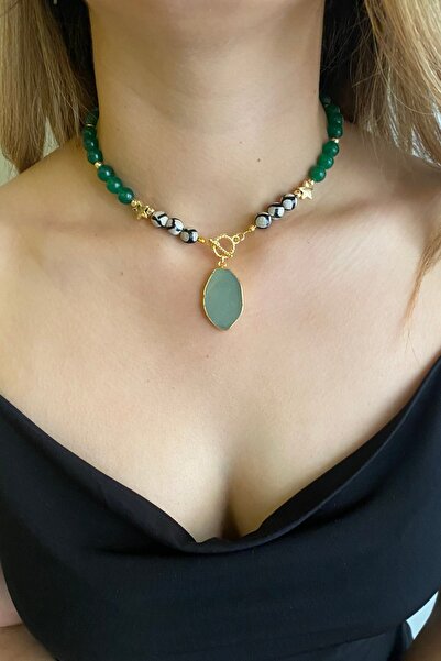 Suerte Accessories Yeşim Doğaltaş Akuamarin Doğal Taş Uçlu Gold Aksesuar El Y...