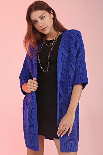 Devinka Oversize Γυναικεία Saks Μπλε Πλεκτή Ζακέτα με μακριά τσέπη