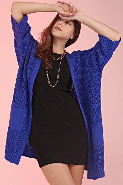 Devinka Oversize Γυναικεία Saks Μπλε Πλεκτή Ζακέτα με μακριά τσέπη