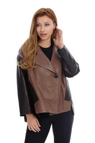 Franko Armondi Kadın Gerçek Deri Klasik Ceket Oversize Kahve-siyah Bk-1288-19633 Fa2