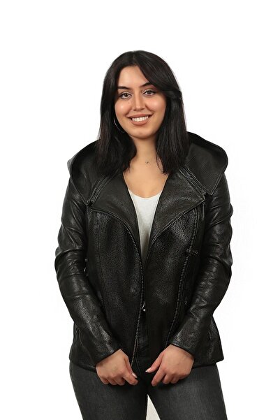 Franko Armondi Kadın  Gerçek Deri Spor Ceket Çıkma Kapşon Siyah Mbk-1295-1933...