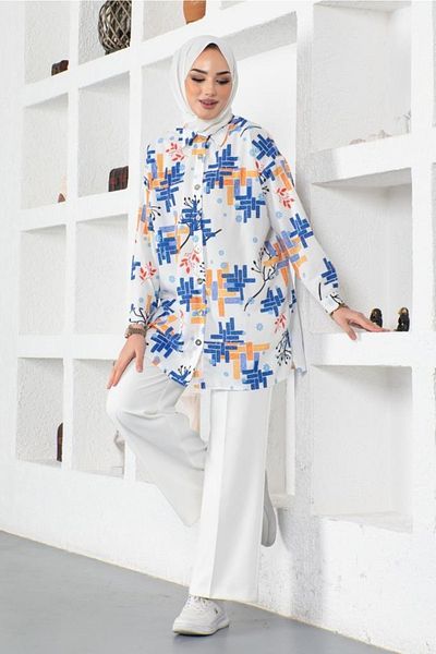 benguen 8891 Patterned Hijab Shirt Saxe Blue