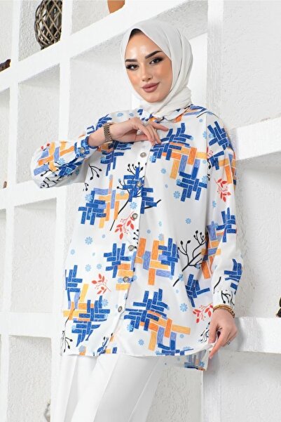 benguen 8891 Patterned Hijab Shirt Saxe Blue