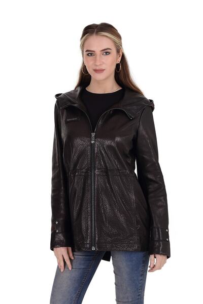 Franko Armondi Kadın Gerçek Deri Klasik Kaban Kapşonlu Siyah Bo-1442-19607 Fa2