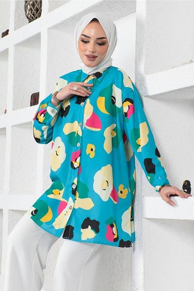 benguen 8888 Patterned Hijab Shirt Turquoise