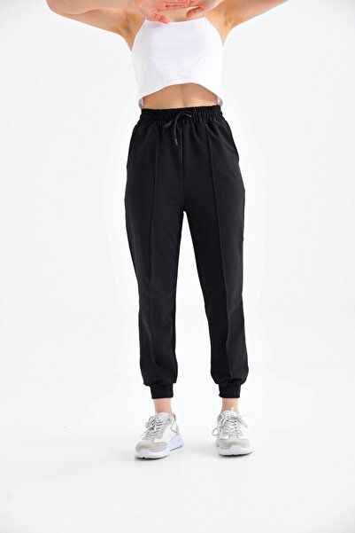 COMMFYY بدلة رياضية نسائية سوداء كبيرة الحجم بخياطة أمامية وخصر عالي وأرجل مط...