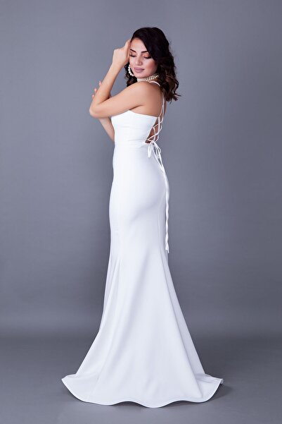 lovebox Women's Flexible Atlas Fabric, Low-cut Back and Tie Detailed Strap White Maxi Dress 349