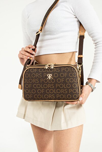 ImPolo Geantă de umăr pentru femei Lili Brown Camel cu imprimeu cu trei compa...