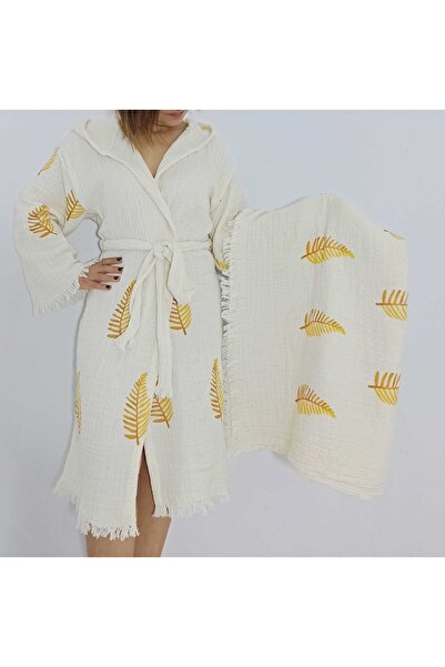 Nevin Acar Σετ μπουρνούζι και πετσέτα μουσελίνας με κίτρινο σχέδιο 2 τεμ