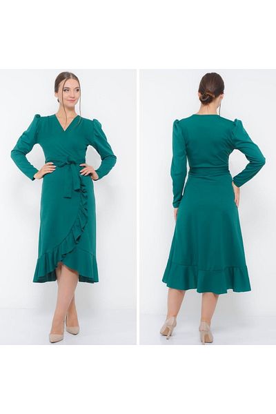modakyra Rochie cu mânecă lungă cu curea, lungime midi, din țesătură creponată, verde Legend Woman (VERDE)