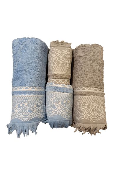 ŞENER HOME Set de baie din 4 piese Blue&Grey - Prosop de baie și cap cu franjuri