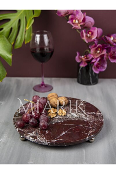 MIARIK DESIGN & DEKORASYON Dekoratıf Bordo Mermer Yuvarlak Sunum Tabağı Tepsi...