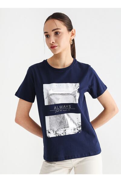 Fabrika Bisiklet Yaka Varaklı Lacivert Kadın T-shirt Ferent