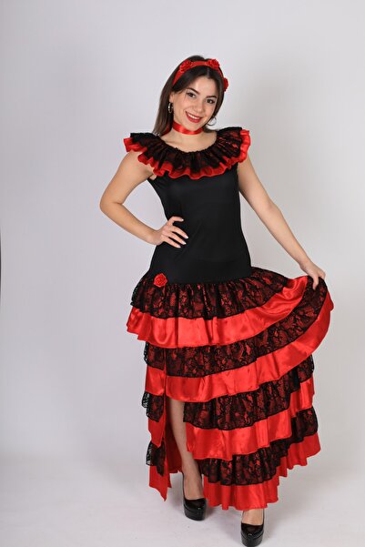 Annee Bakk Şık Kırmızı İspanyol Kadın Kostümü Yetişkin İçin