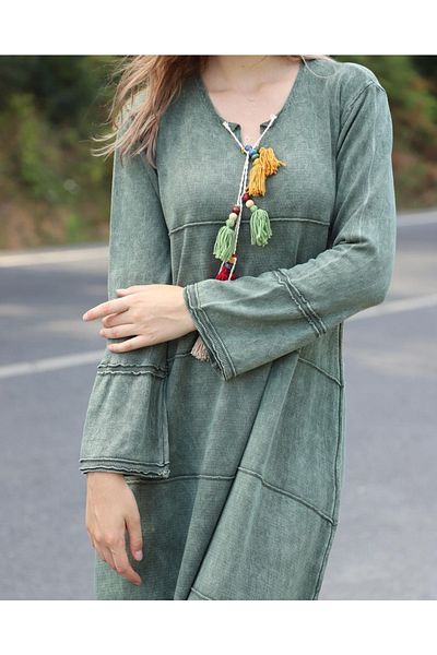 Sosyete Kaplumbağa Authentic Knitwear Long Sleeve Tassel Detailed Washed Green 100% Cotton Maxi Dress