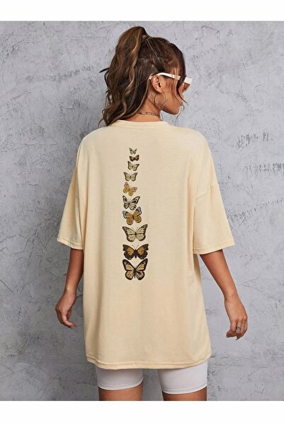 Keywest Ženske 'leptir' leđa Štampano bež Oversize kroj okrugla kragna T-shirt