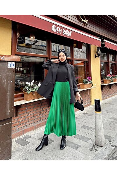 CEVHER Women's Model Satin Thin Pleated Skirt