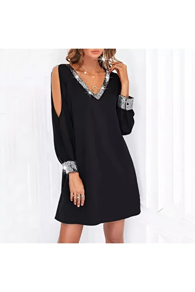 Trendusfashion Black Tulle Slit V-Neck Long Sleeve Crepe Women's Dress