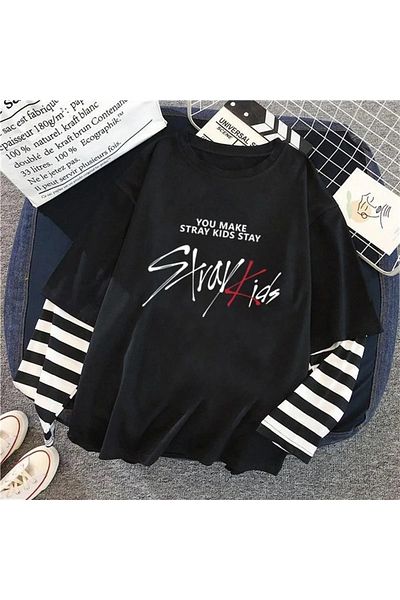 Gofeel Stray Kids Patterned Fake Sleeves Black Color Harajuku Unisex Oversize T-Shirt