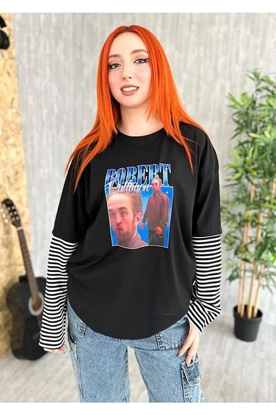 Gofeel Robert Pattinson Patterned Sleeve Striped Black Color Harajuku Unisex Oversize T-Shirt