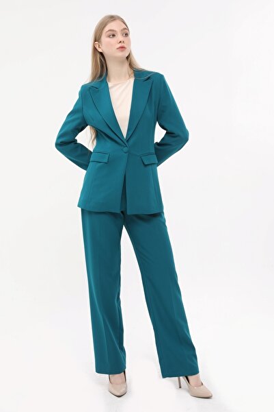 SİZ Yeşil Tek Düğme Ceket Kemerli Cepli Palazzo Pantolon Takım