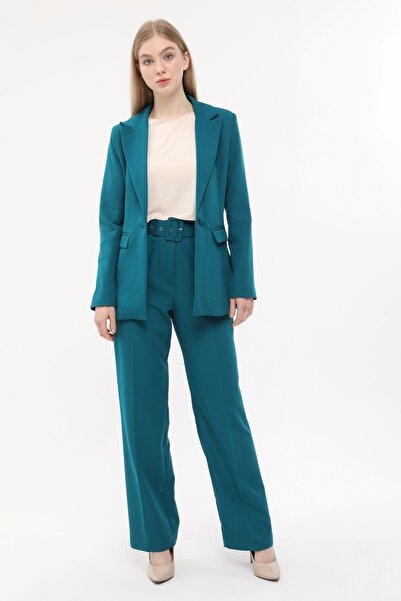 SİZ Yeşil Tek Düğme Ceket Kemerli Cepli Palazzo Pantolon Takım