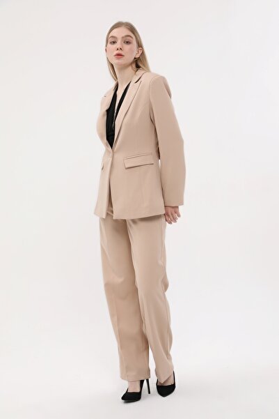 SİZ Krem Tek Düğme Ceket Kemerli Cepli Palazzo Pantolon Takım