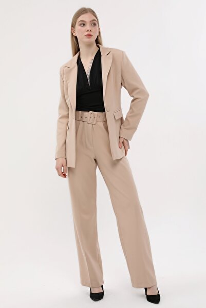 SİZ Krem Tek Düğme Ceket Kemerli Cepli Palazzo Pantolon Takım