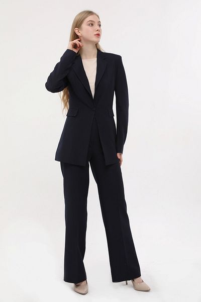 SİZ Navy Blue Single Button Jacket Belted Pocket Palazzo Trousers Set