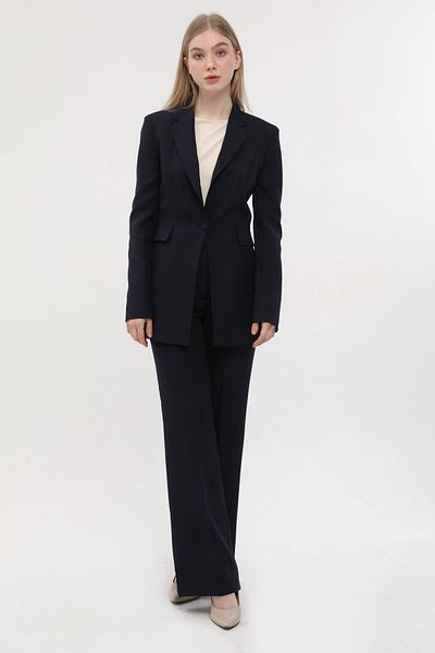 SİZ Navy Blue Single Button Jacket Belted Pocket Palazzo Trousers Set