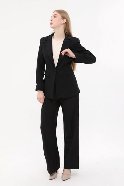SİZ Black Single Button Jacket Belted Pocket Palazzo Pants Set