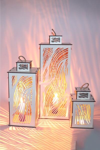 EDKZEKA Ahşap Fener Mumluk 3lü Set (renk Beyaz)