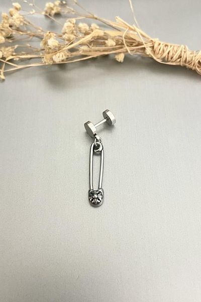 Jaida Moda Unisex Silver Gothic Safety Pin Figured Dangle Steel Earrings