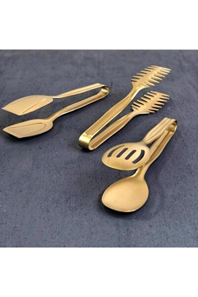 Demir Çeyiz Dmr Life Matte Gold Serving Presentation Pasta Pastry Salad Cake Tongs Set 3 Pieces
