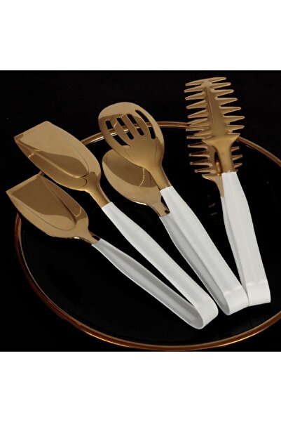 Demir Çeyiz Dmr Life Gold White Serving Presentation Pasta Pastry Salad Cake Tong Set 3 Pieces