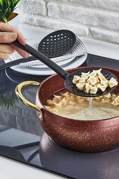 ELEGANCEV Teflon Serving Colander - Resistant to 220 Degrees - black