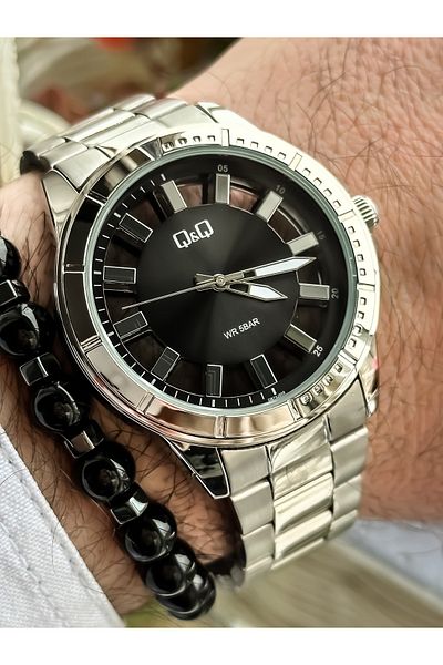 Q&Q Brand Steel Strap Waterproof Silver Color Men's Wristwatch+Bracelet