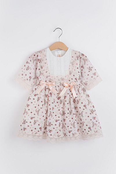 Banamio Floral Patterned Lace Detailed Bow Cotton Lined Chiffon Girl's Dress