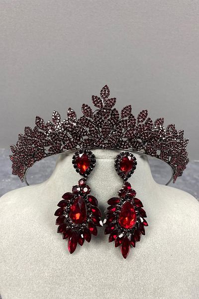 Hobigram Set de cercei și coroană de henna din piatră elegantă model Jessie roșu Claret – Coroană, piatră de cristal, model elegant – Coroană –
