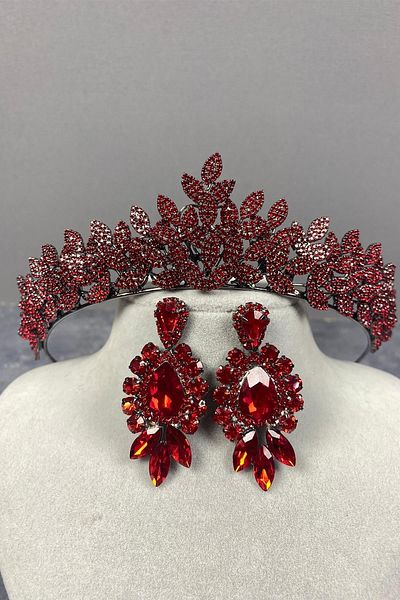 Hobigram Set de coroană de mireasă și trei cercei cu model roșu Jessie – Coroană, piatră de cristal, model elegant –