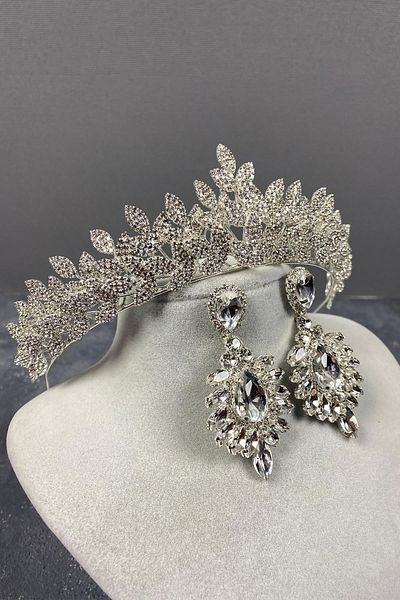Hobigram Set de coroană de mireasă și cercei cu piatră elegantă model Jessie argintiu – Coroană, piatră de cristal, model elegant – Coroană