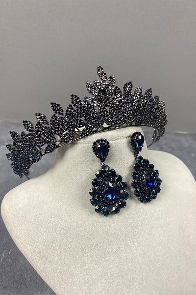 Hobigram Set de cercei și coroană de mireasă cu piatră elegantă model Jessie bleumarin – Coroană, piatră de cristal, model elegant – T