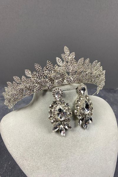 Hobigram Set de coroană de mireasă și trei cercei cu navetă din argint sterling Jessie Model Elegant Stone – Coroană, Crystal Stone, Model Elegant – T