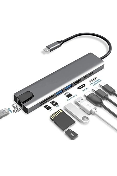ROGGER Macbook Pro Air Usb Type-c 8 Li Hub Dönüştürücü Çevirici Çoklayıcı Usb Hdmı Micro Sd 8 Girişli