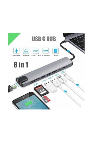 ROGGER Macbook Pro Air Usb Type-c 8 Li Hub Dönüştürücü Çevirici Çoklayıcı Usb Hdmı Micro Sd 8 Girişli