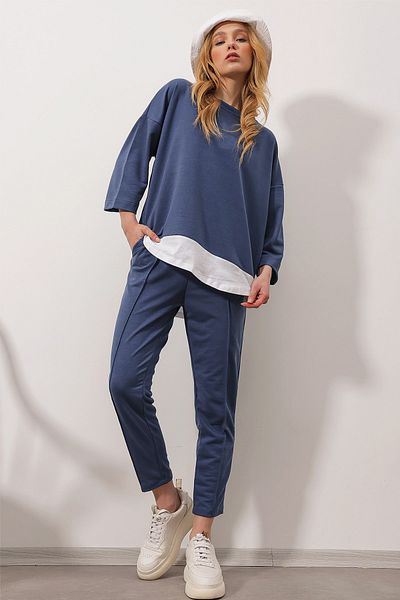 Trend Alaçatı Stili Blauer Damenanzug mit breitem Kragen, elastischer Taille, doppelter Tasche, Vordernähten und zwei Fäden an der Unterseite, ALC-X8175