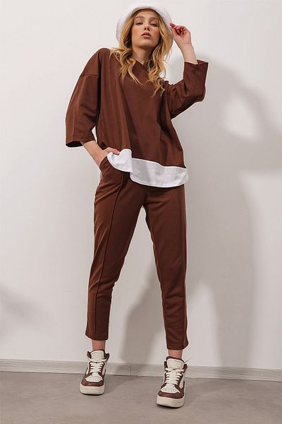 Trend Alaçatı Stili Braunes Oberteil mit weitem Kragen und elastischer Taille, Doppeltasche, zweifädiger Unterteil, Oberteil für Damen, ALC-X8175