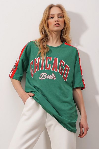 Trend Alaçatı Stili T-Shirt - Grün - Oversized