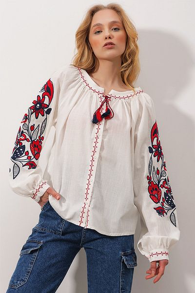 Trend Alaçatı Stili Cămașă oversize din in, cu guler înalt, cu șireturi, brodate în față, pentru femei ALC-X9906
